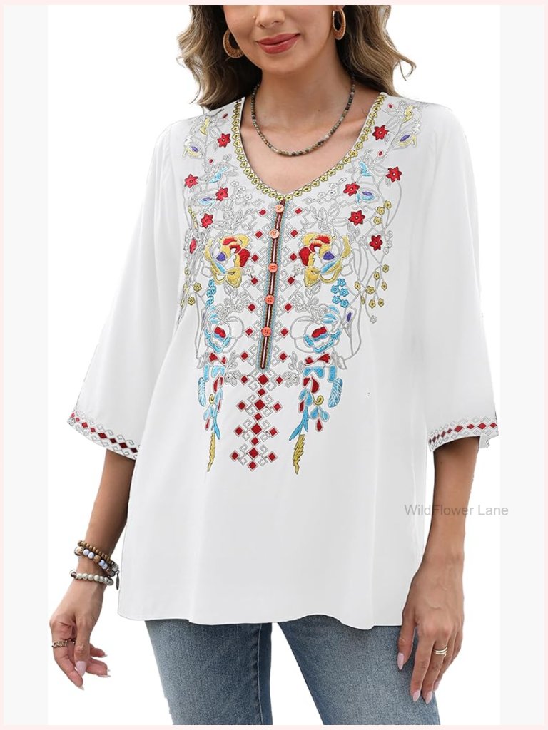 3/4 Sleeve Embroidered Tunic Blouse Boho Peasant Top V-Neck